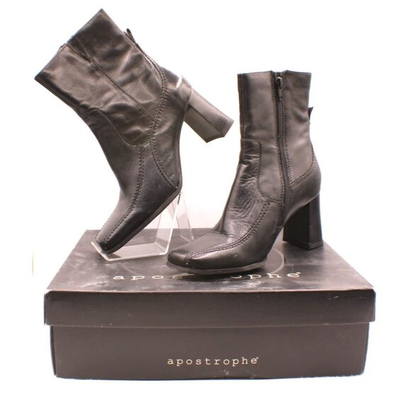 Apostrophe Nina Boots 7M Black Leather Square Toe Side Zip Above Ankle with Box - Picture 1 of 11